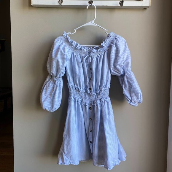 Gianni Bini Olivia Pin Striped Smocked Off-The-Shoulder Dress - Picture 1 of 3